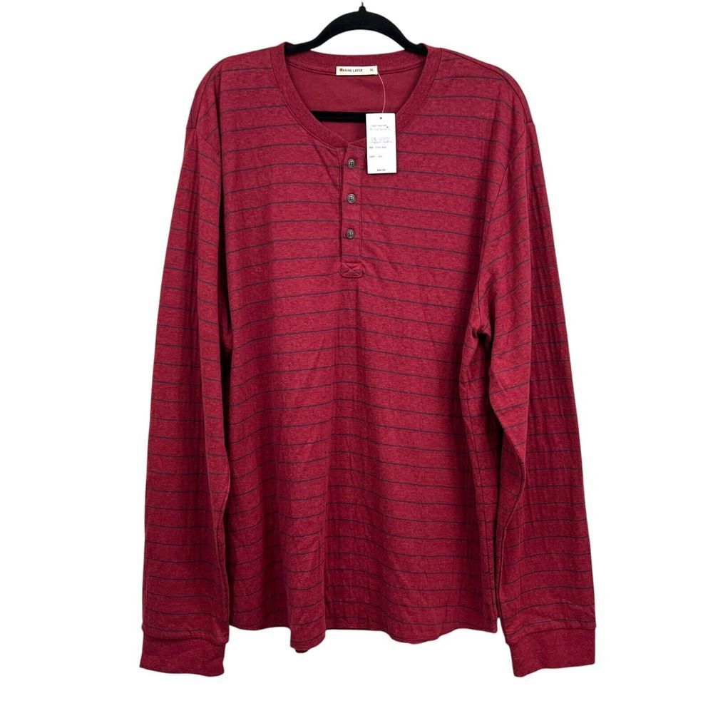 Marine Layer Mens Henley Shirt Stripe Rhubarb Red Navy Crew Button Neck Sz XL*